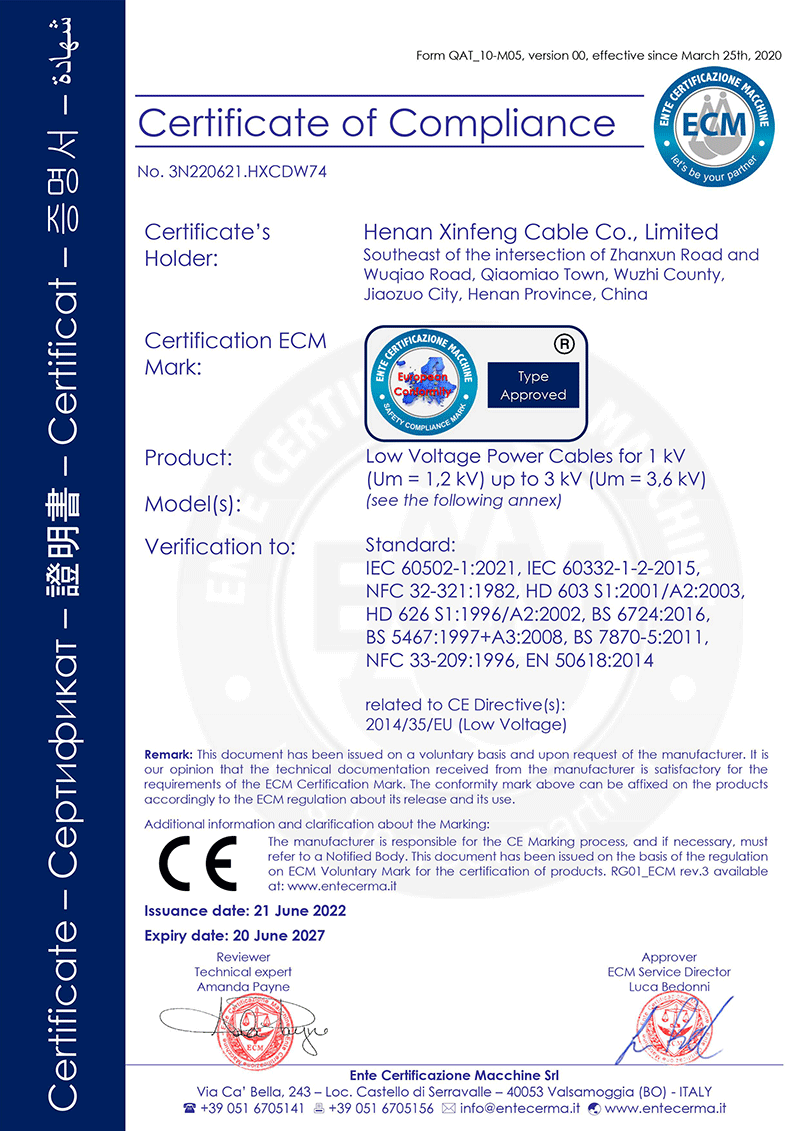 Henan Xinfeng Cable CE Approval certificate