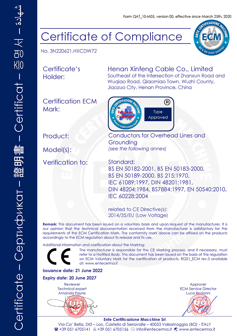 Henan Xinfeng Cable CE Approval certificate3