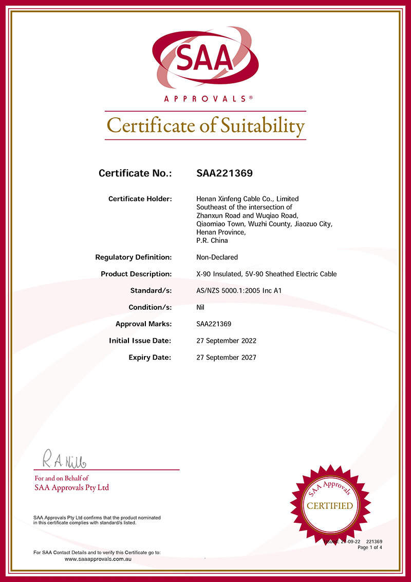 Henan Xinfeng Cable SAA Approval certificate